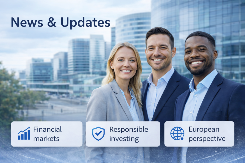 News and updates banner for Hope Investment Education Foundation, showing professionals in a modern European city setting with a focus on financial markets, responsible investing, and educational insights.