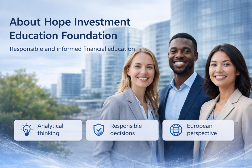 About page banner for Hope Investment Education Foundation, featuring professionals in a modern European business environment and highlighting responsible financial education.